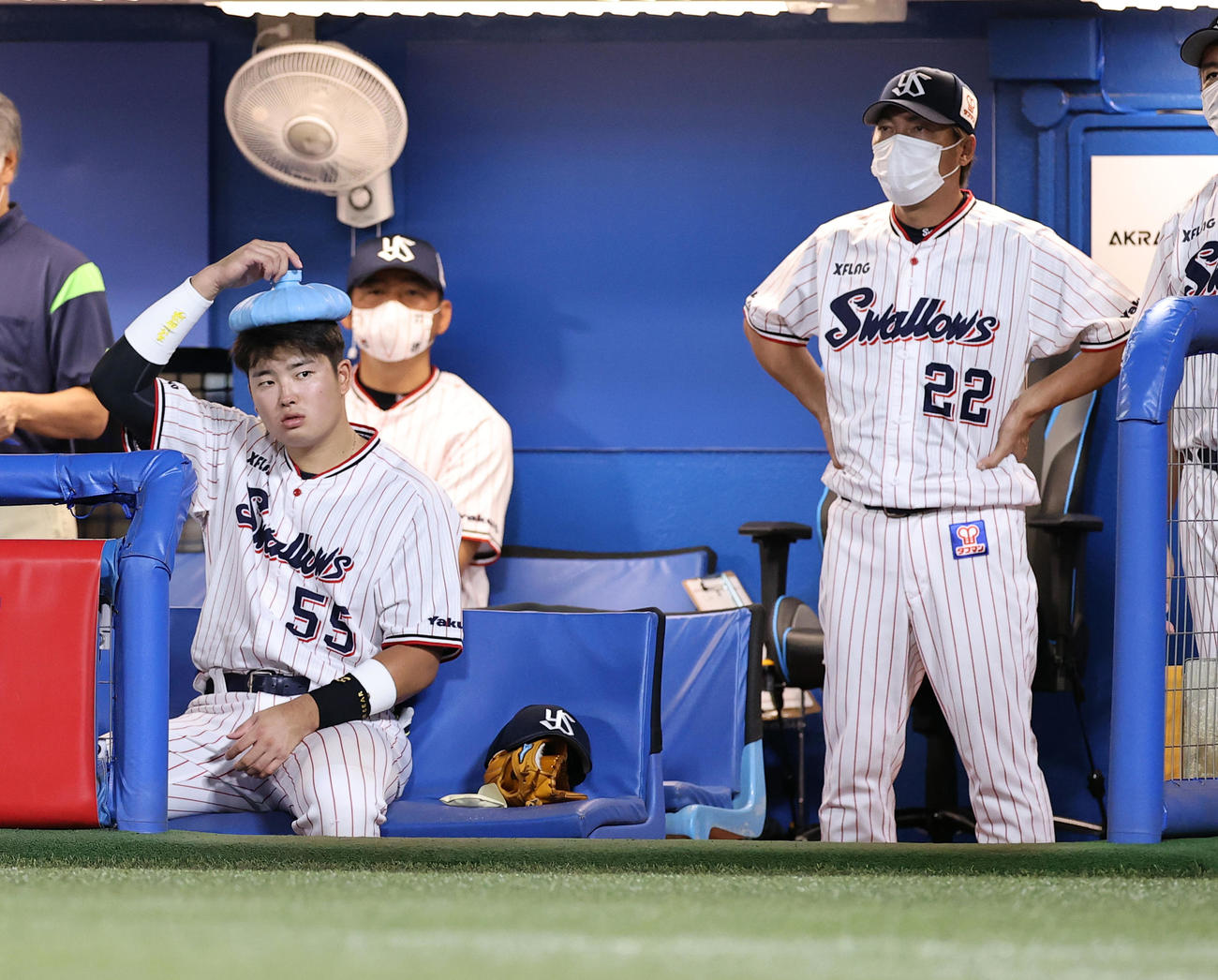 ヤクルト対巨人　敗色ムードにベンチで氷のうで頭を冷やす村上（左）。右は高津監督（撮影・浅見桂子）