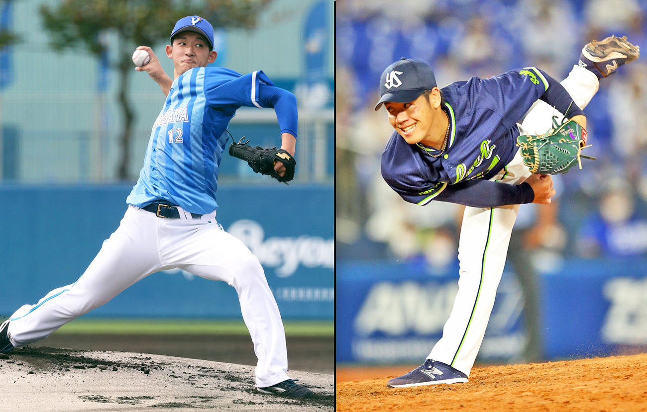DeNA阪口皓亮（左）とヤクルト小川泰弘
