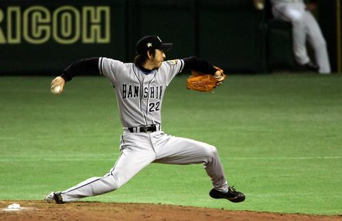 巨人対阪神4回戦　7回に登板した阪神・藤川球児は打者3人でピシャリと抑える好投を見せる（2005年4月19日撮影）