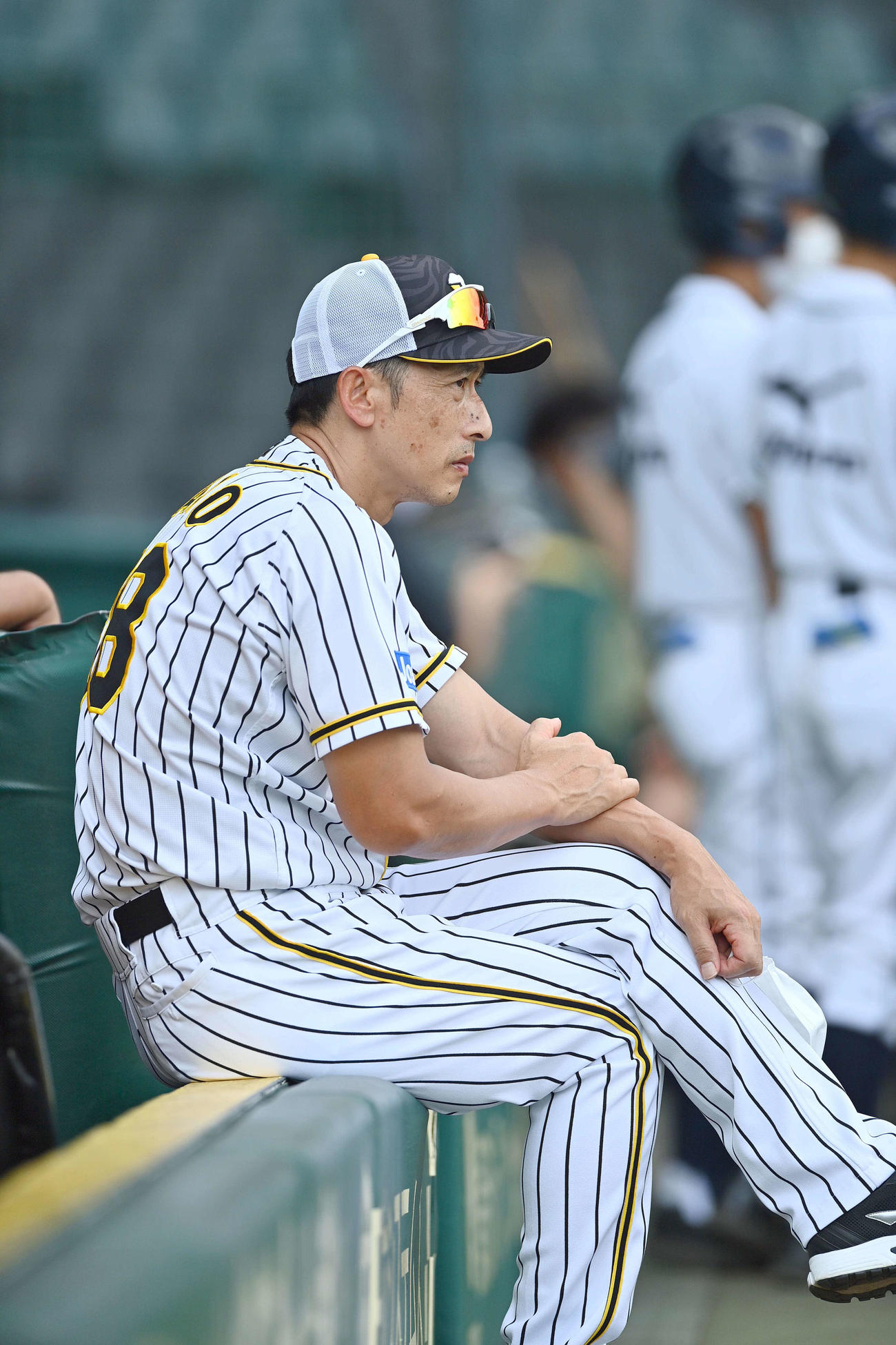 阪神対ヤクルト　ベンチ前に座り一点を見つめる矢野監督（撮影・上田博志）