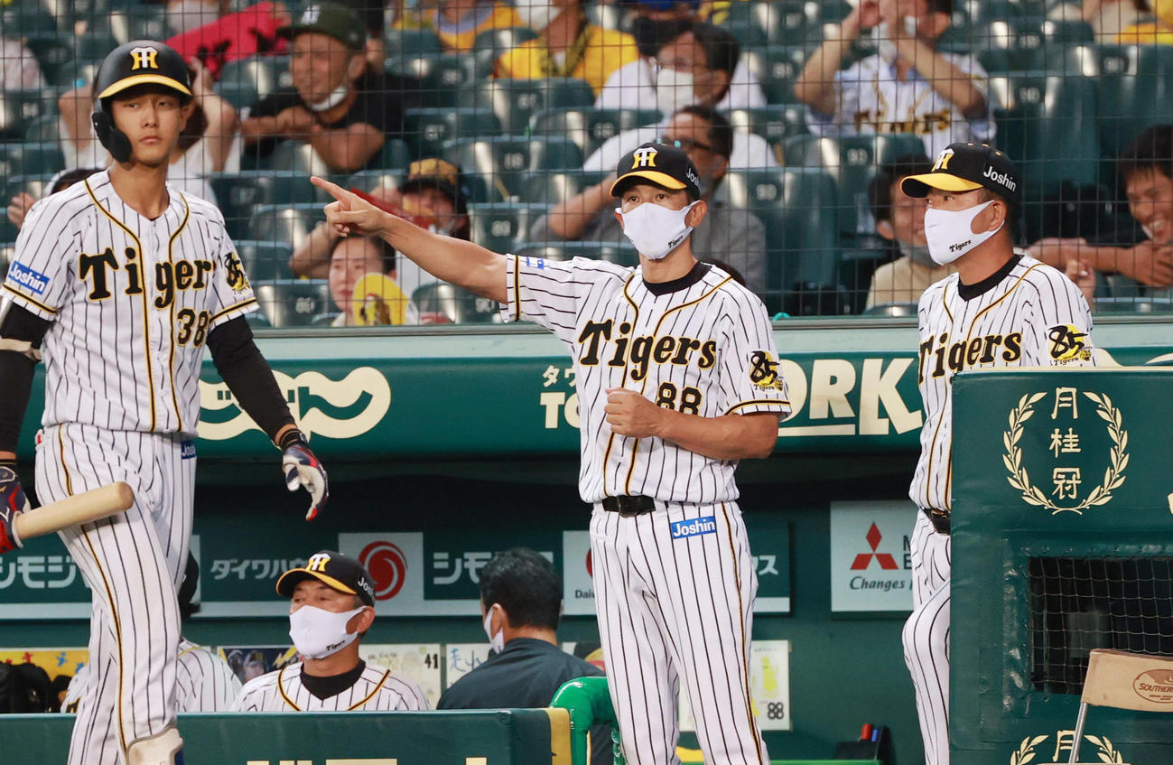 阪神対ヤクルト　7回裏阪神無死一塁、安打で出塁したボーアに代走植田を送る矢野監督（撮影・清水貴仁）