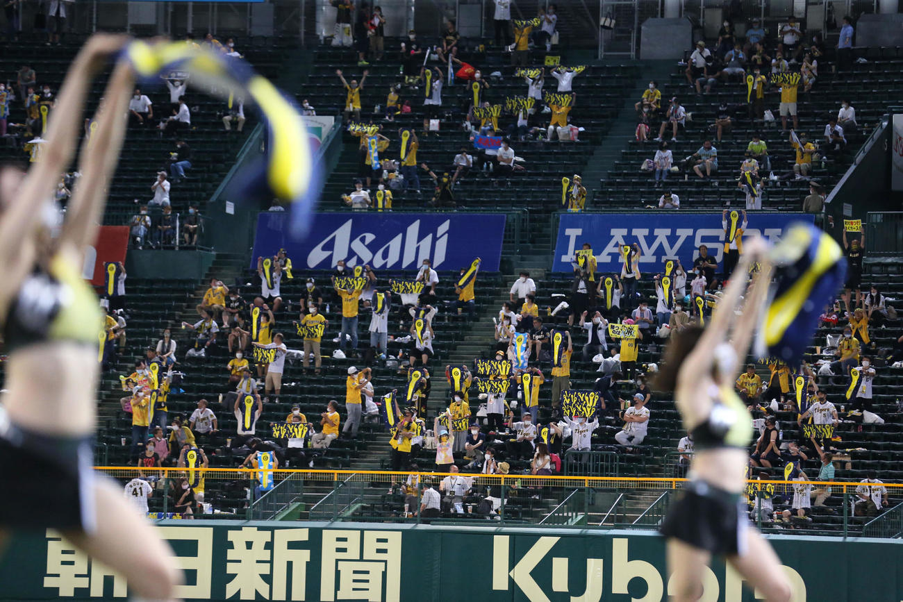 阪神対巨人　ラッキー7でジェット風船タオルを掲げ盛り上がる阪神ファン（撮影・上山淳一）