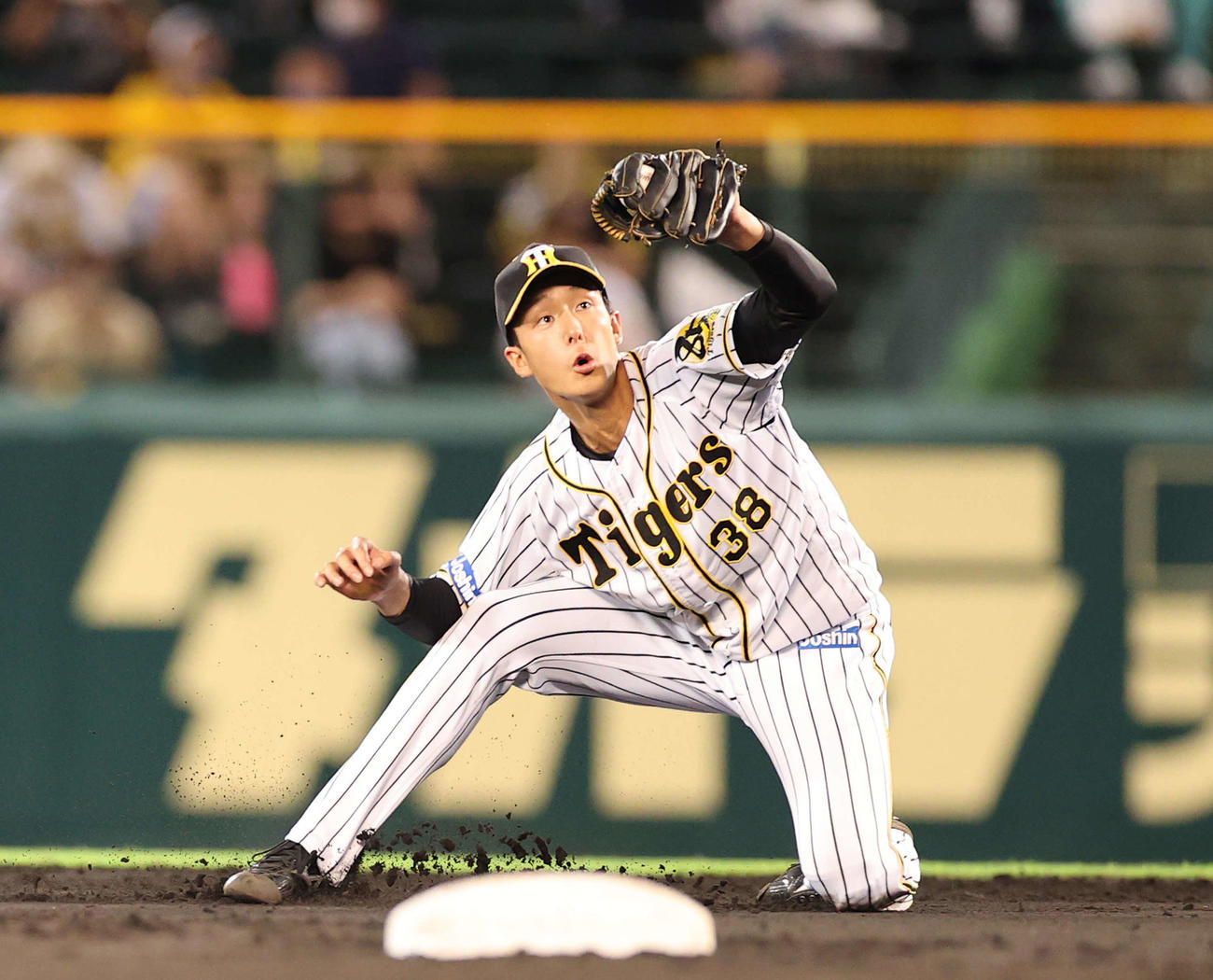 阪神対巨人　4回表巨人無死、松原の打球を好守で二ゴロに仕留める小幡（撮影・河野匠）