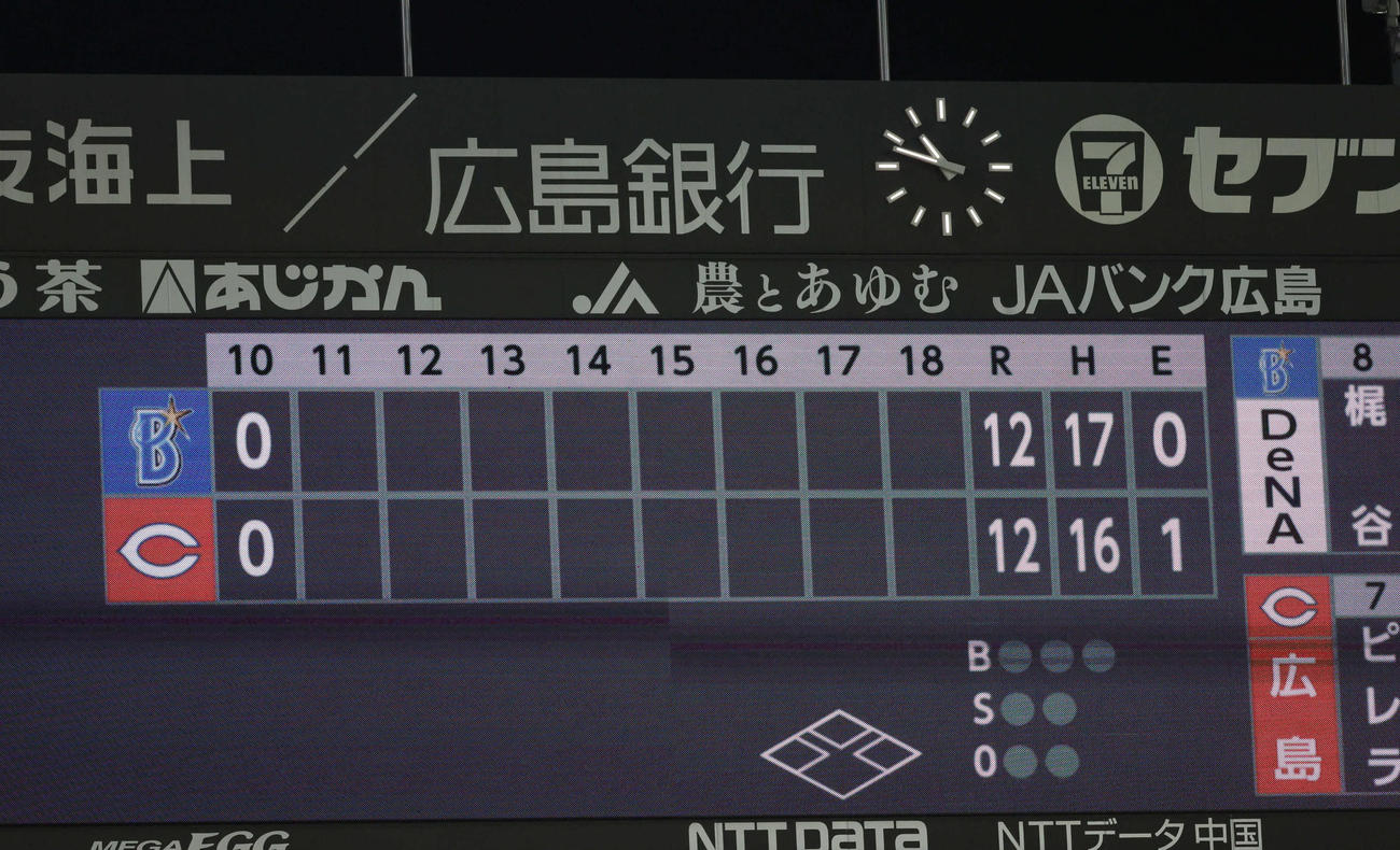 広島対DeNA戦は延長の末、12対12で引き分けとなる。時計は22時48分を指していた（撮影・加藤孝規）