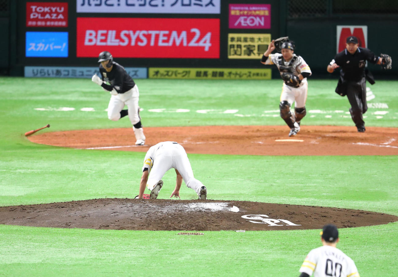 中村奨吾の打球が武田翔太に直撃、痛みをこらえながら一塁へ送球し投ゴロとなる（撮影・梅根麻紀）