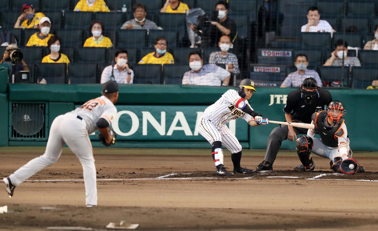 阪神対巨人　1回裏阪神1死、糸原は三振に倒れる、左はメルセデス（撮影・加藤哉）