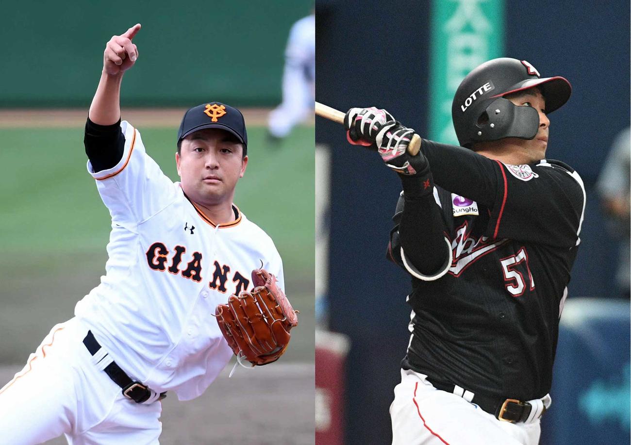 トレードが両球団で合意に達した巨人沢村（左）とロッテ香月