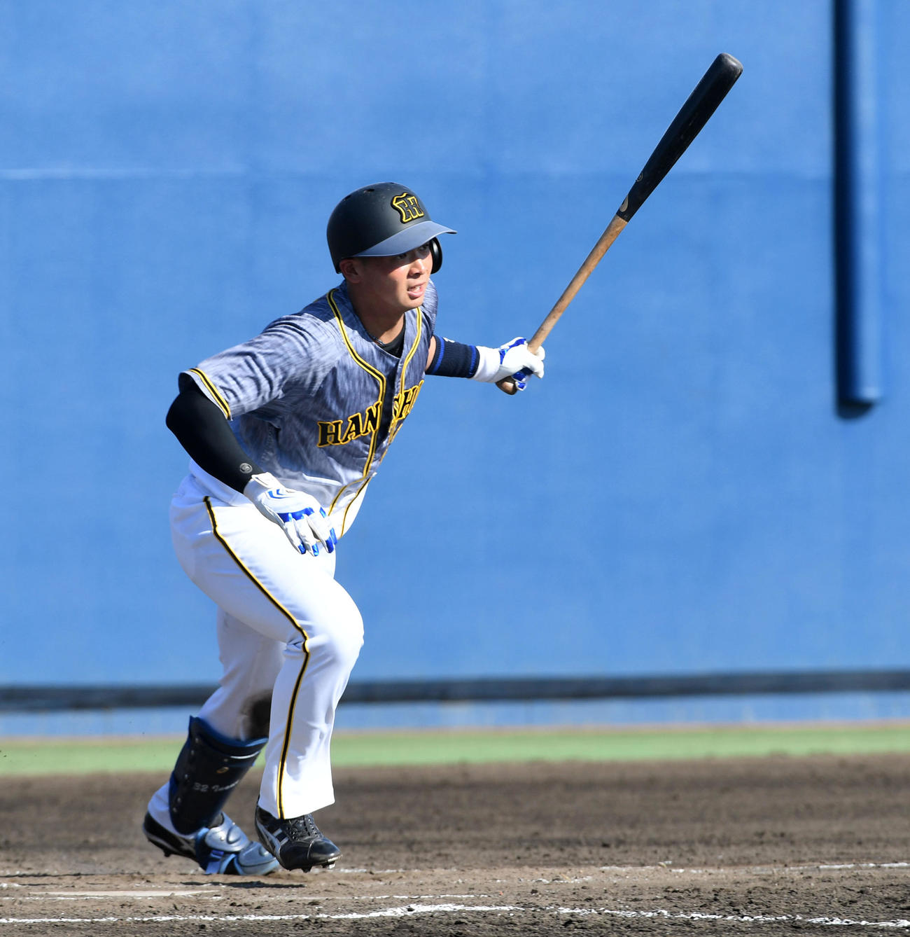 ウエスタン・リーグ、オリックス対阪神　8回表阪神1死、井上は右前打を放つ（撮影・前岡正明）