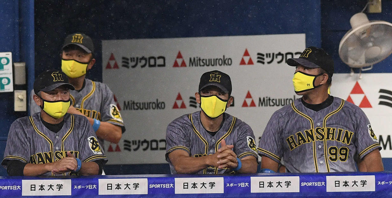 DeNA対阪神　9回表、戦況を見つめる阪神矢野監督（前列中央）（撮影・滝沢徹郎）