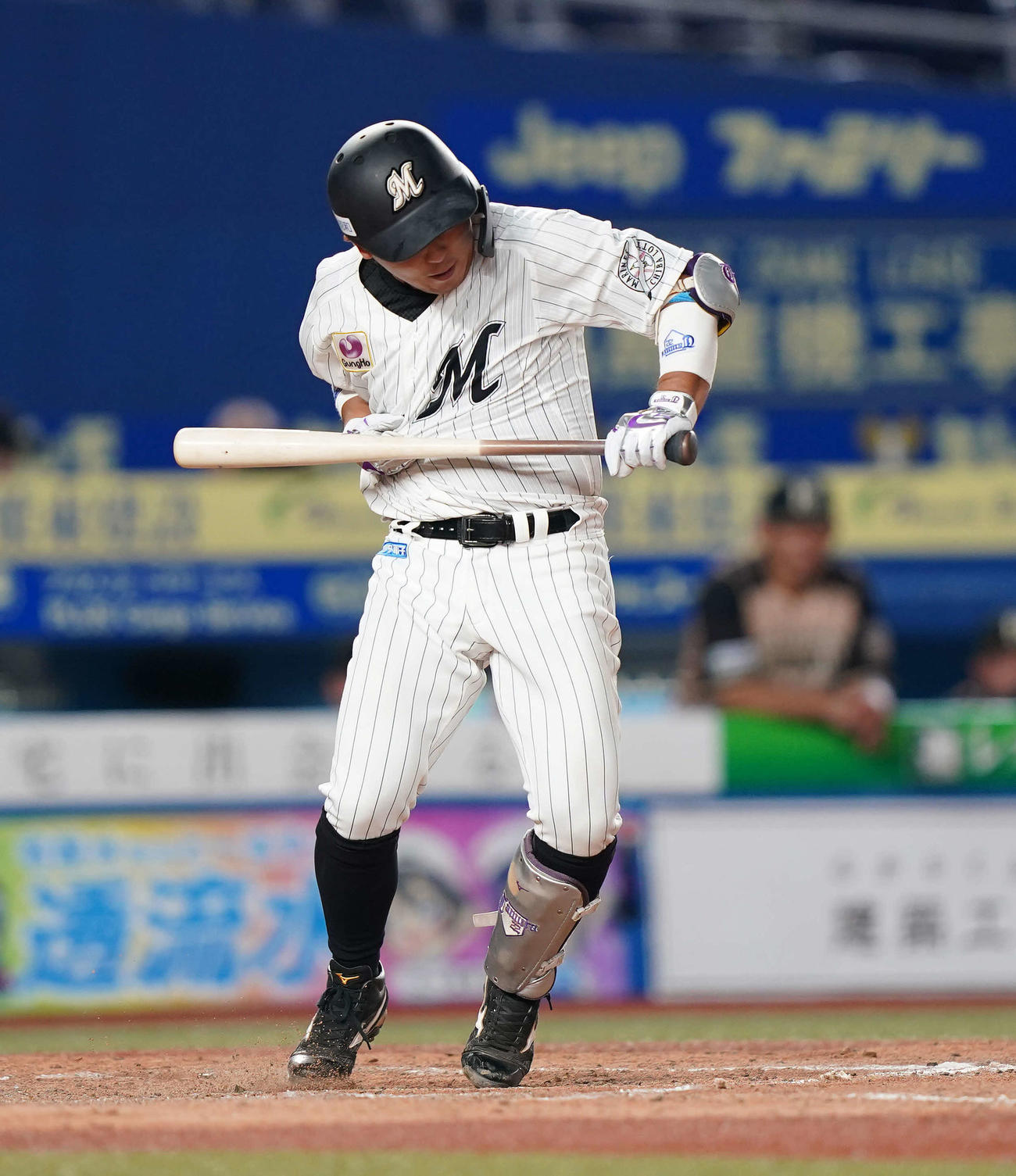 ロッテ対日本ハム　5回裏ロッテ1死一塁、死球を受ける田村（撮影・鈴木みどり）