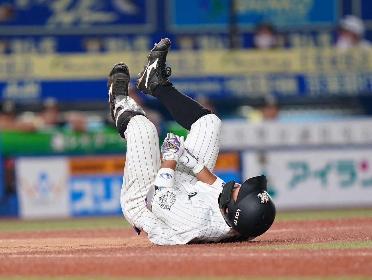 日本ハム戦で死球を受け、痛がるロッテ田村龍弘（2020年9月9日撮影）