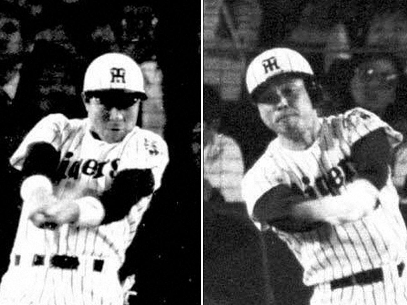 85年、巨人槙原から本塁打を放つ阪神掛布（左）と岡田