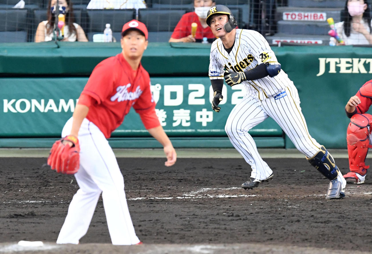 阪神対広島　8回裏阪神2死、陽川は中越え本塁打を放つ。投手塹江（撮影・前岡正明）
