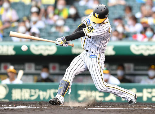 阪神対広島17回戦　6回裏阪神1死三塁、近本光司の三ゴロで阪神が同点に追いつく（撮影・岩下翔太）