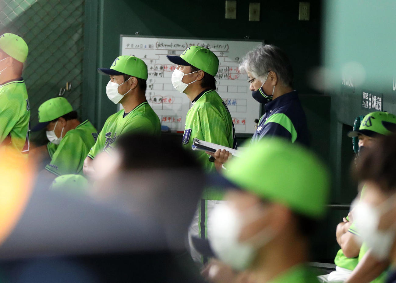 巨人対ヤクルト　9回表、静かにグラウンドを見つめる高津監督（中央）（撮影・狩俣裕三）