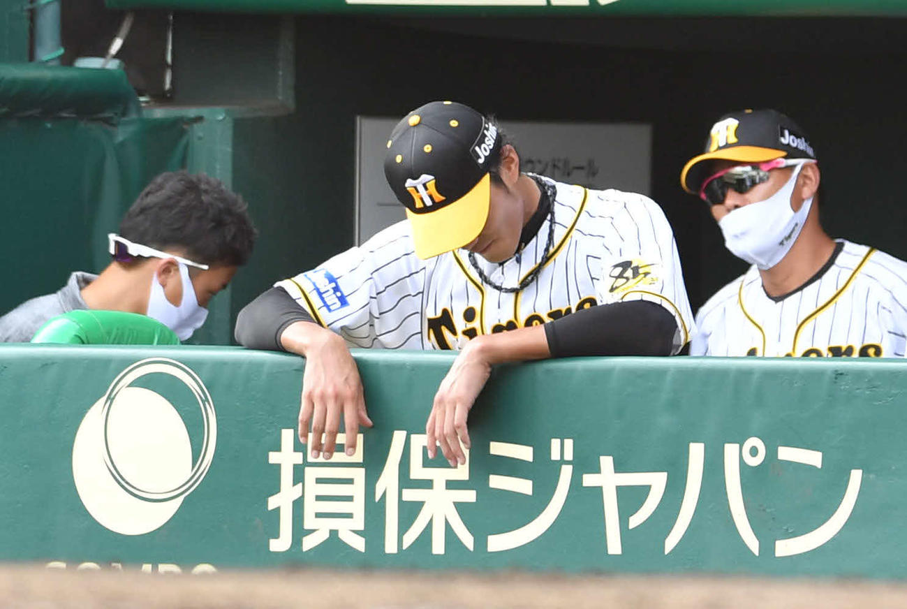 阪神対広島　4回表広島1死満塁、降板となった藤浪晋太郎はベンチでがっくり（撮影・岩下翔太）
