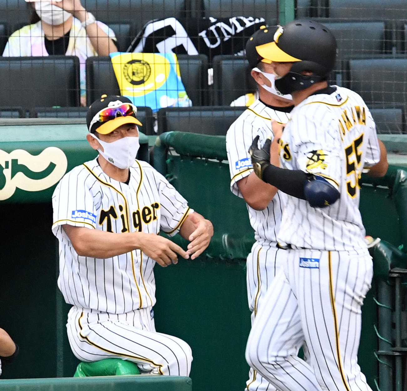 8回裏阪神2死、決勝の本塁打を放った陽川（右）を迎える矢野監督（撮影・前岡正明）