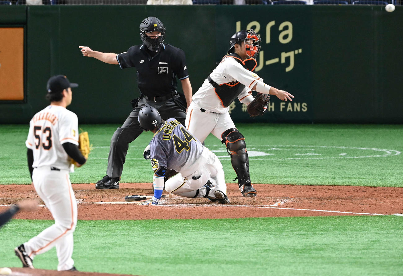 巨人対阪神　7回表阪神無死一、二塁、打者梅野の時、二塁走者小幡の三盗を刺す捕手大城（撮影・鈴木みどり）