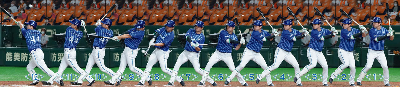 7月28日巨人戦、菅野の142キロカットボールをとらえ右越え本塁打を放つ佐野（撮影・鈴木みどり）