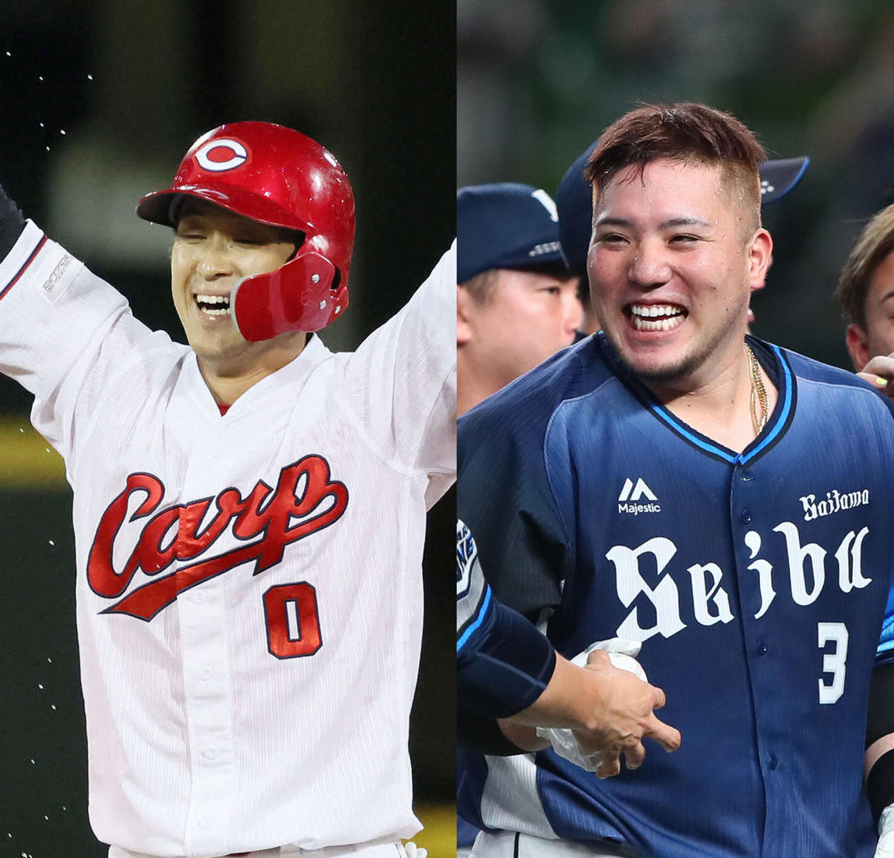 「スカパー！サヨナラ賞」8月度受賞選手の広島上本（左）と西武山川