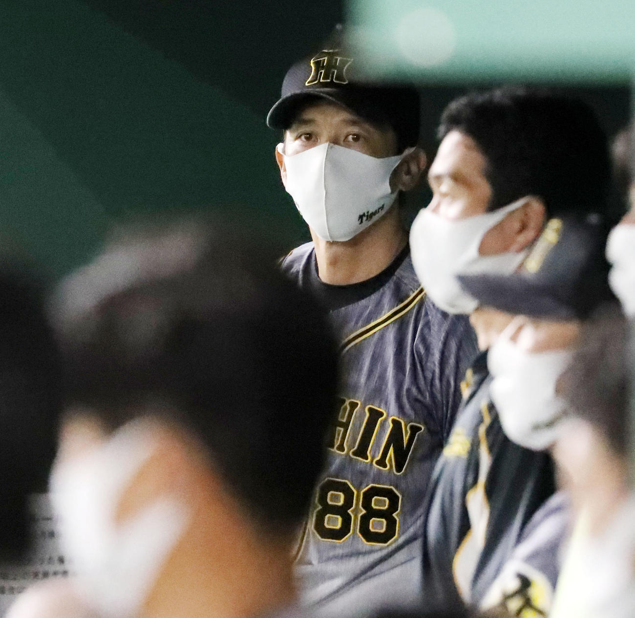 巨人対阪神　9回表、ベンチから試合を見つめる矢野監督（撮影・加藤哉）