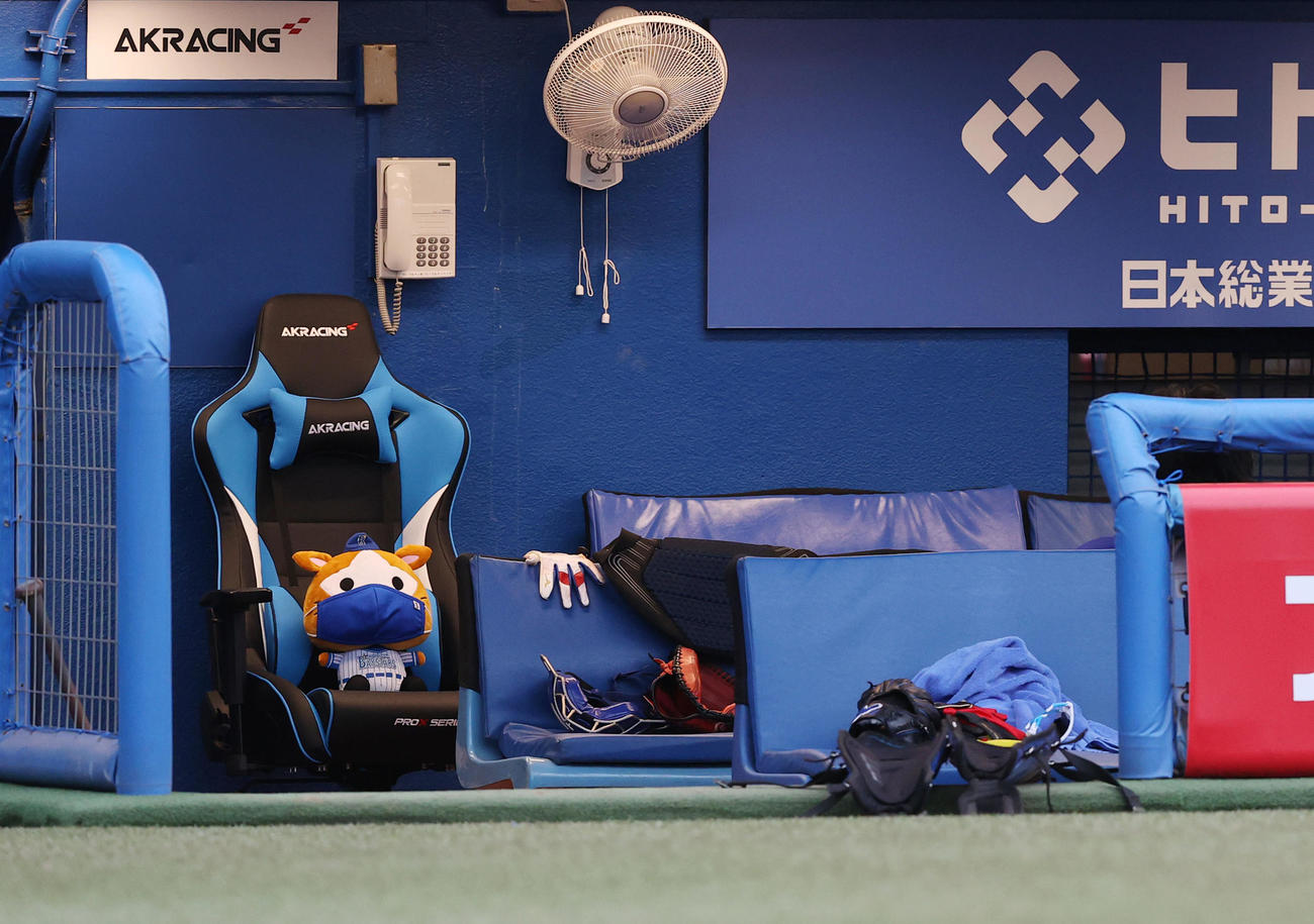 ヤクルト対DeNA　試合前、DeNAベンチの監督席にマスクを着けたDB．スターマンのぬいぐるみが鎮座する（撮影・垰建太）