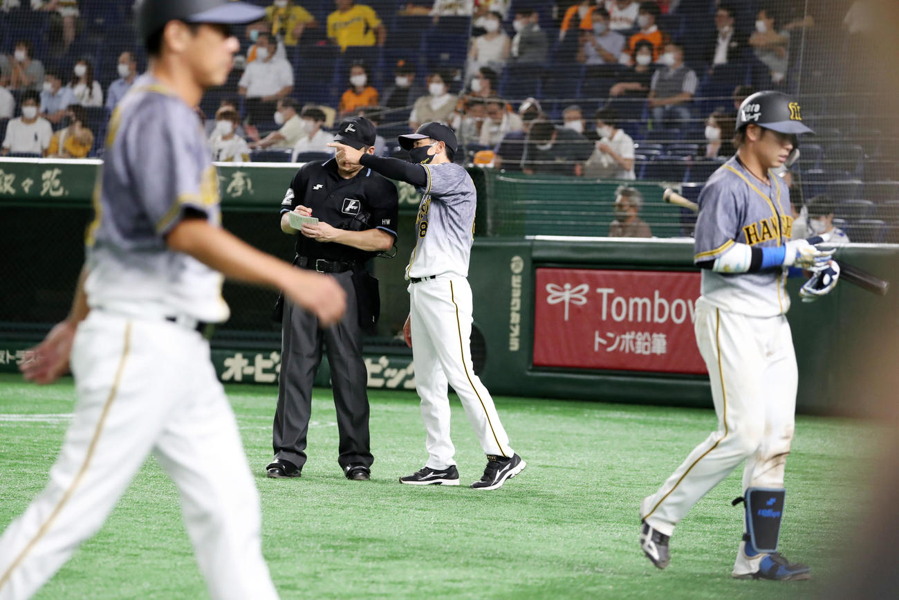 巨人対阪神　8回表の攻撃を終え選手交代を告げる矢野監督、右は三振した梅野（撮影・加藤哉）