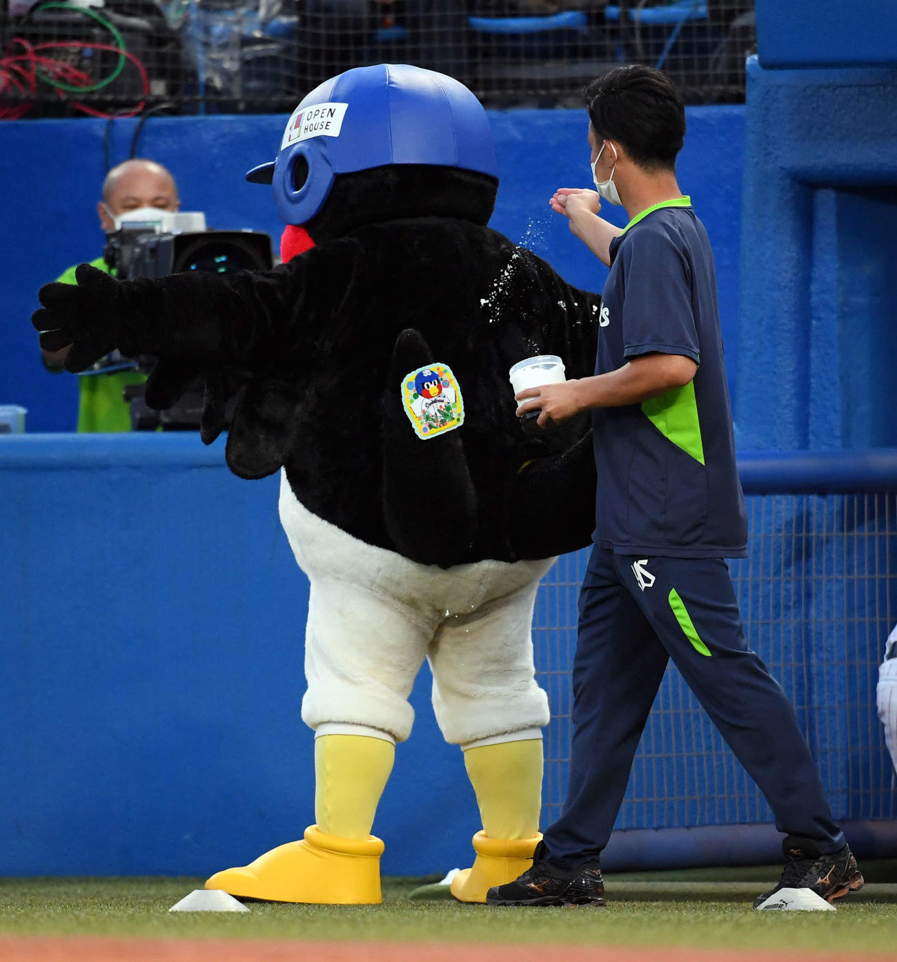 ヤクルト対広島　試合前、スタッフに塩をまいてもらうヤクルトのつば九郎（撮影・たえ見朱実）