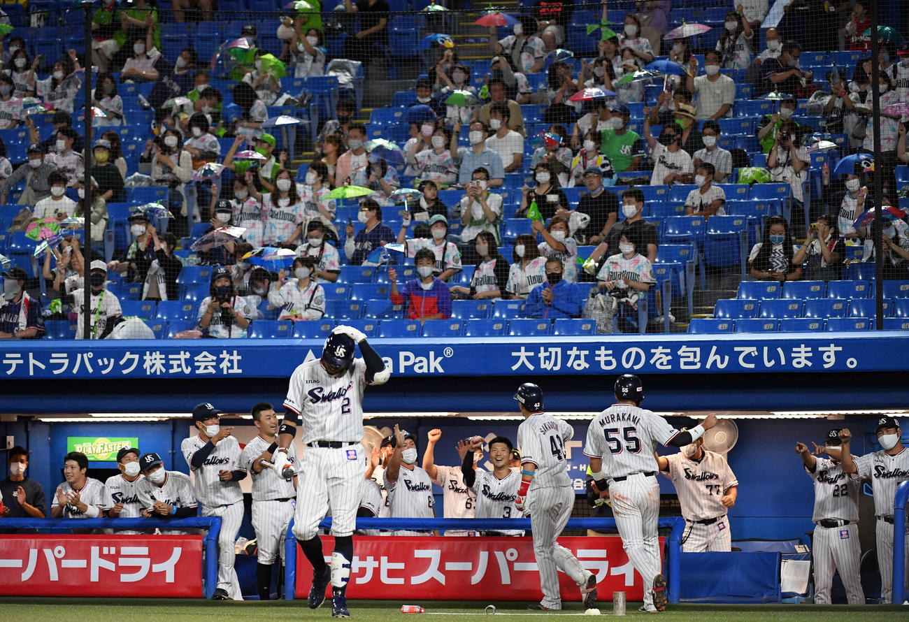 ヤクルト対広島　2回裏ヤクルト1死一塁、2点本塁打を放った坂口を迎えるナイン（撮影・たえ見朱実）