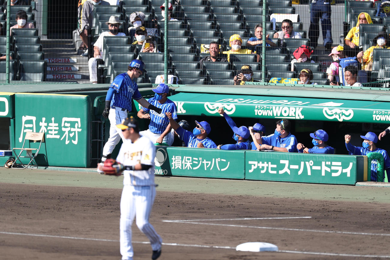 阪神対DeNA　4回表DeNA無死、同点本塁打を放ったオースティン（左端）を迎えるラミレス監督（同3人目）ら（撮影・前田充）