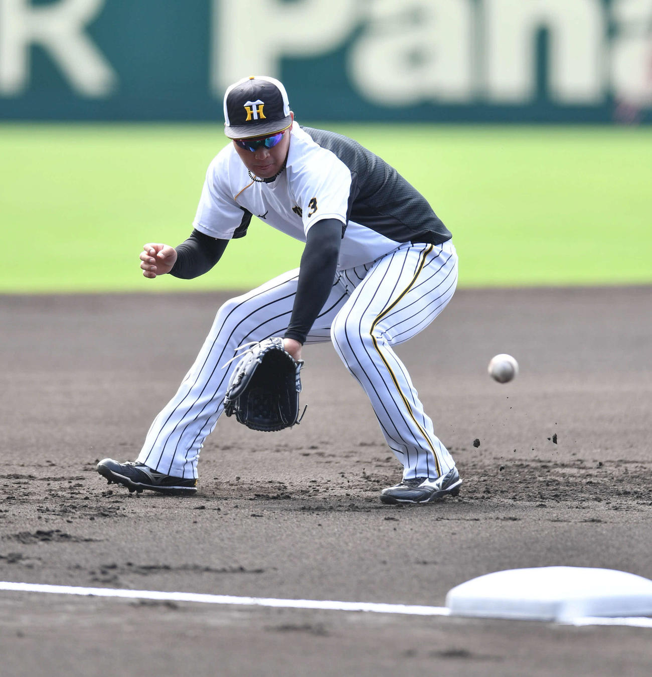 阪神対DeNA17回戦　試合前、三塁ノックを受ける大山悠輔（撮影・岩下翔太）