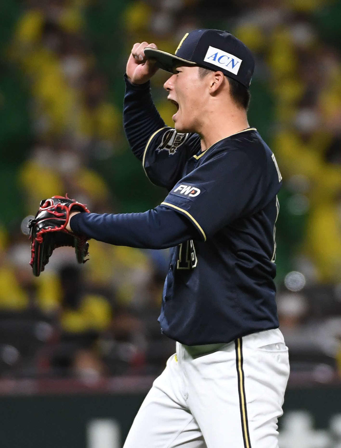 ソフトバンク対オリックス　7回裏ソフトバンク2死、釜元を見逃し三振に仕留め、雄たけびを上げる山本（撮影・今浪浩三）