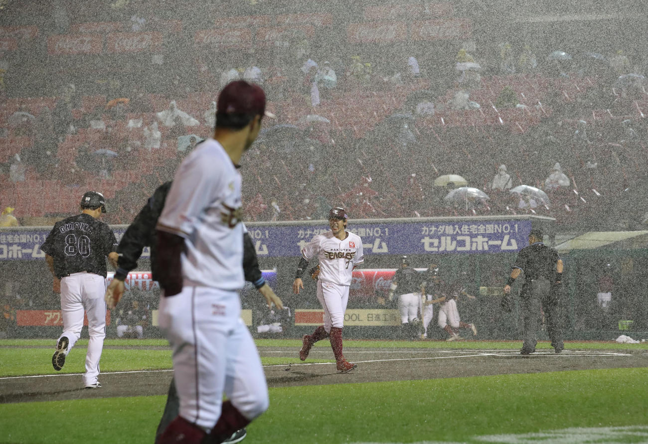 楽天対ロッテ　プレイボール直前に雨足が強まったため中断がかかりベンチに引き揚げる両チームの選手たち（撮影・垰建太）