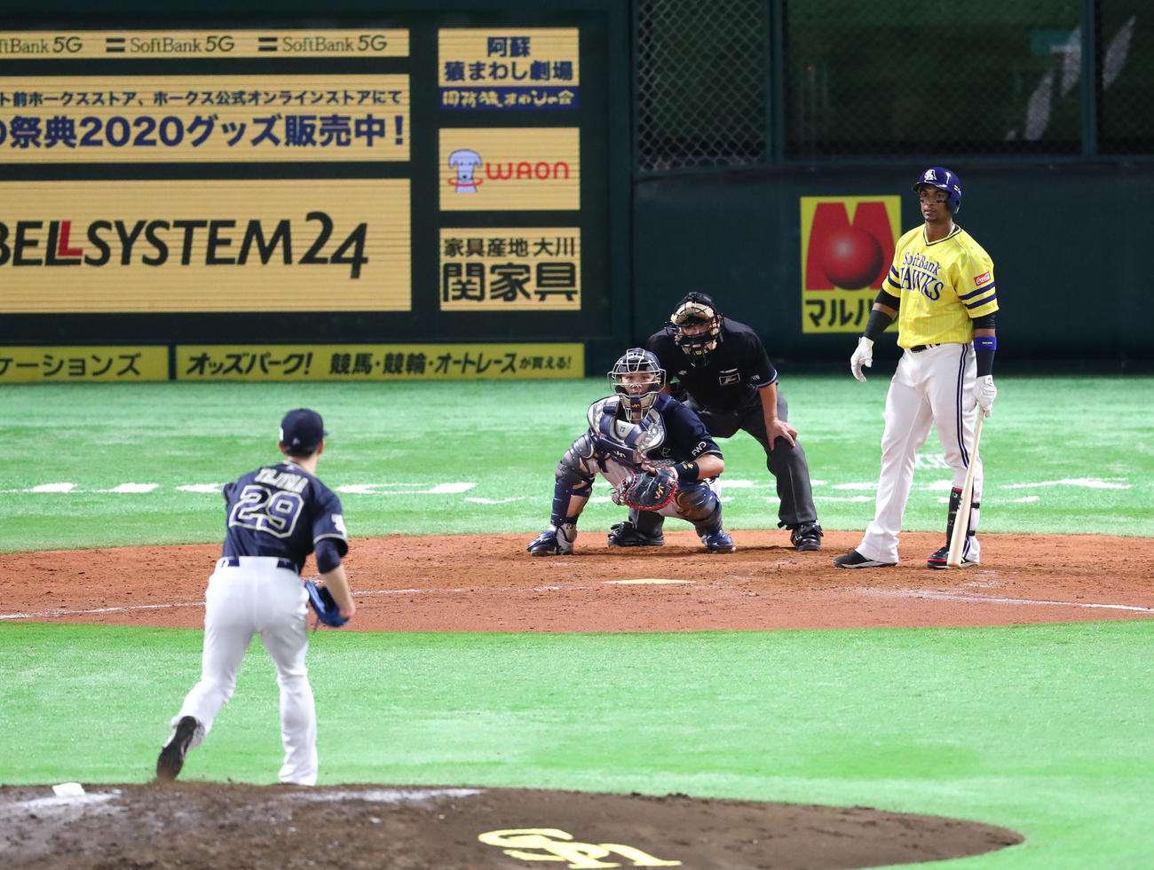 田嶋が4球目を投げようとしたとき、グラシアルがタイムを要求、田嶋は投球動作に入っていたが、ボールを投げずに動きを中断（撮影・梅根麻紀）