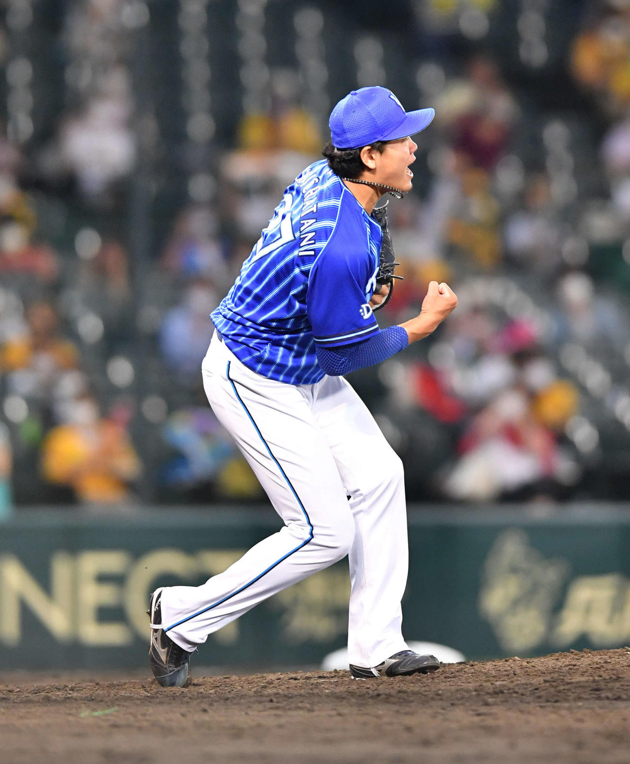 阪神対DeNA　完封勝利しガッツポーズする上茶谷（撮影・岩下翔太）