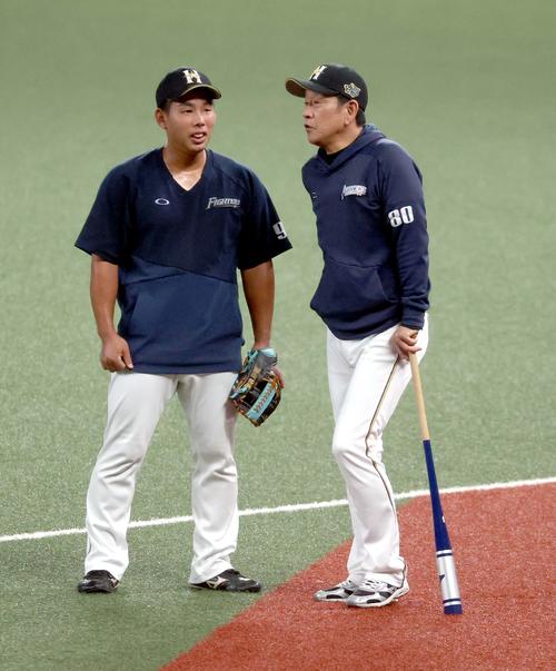 西武対日本ハム　試合前、会話をする日本ハム樋口と栗山監督（右）（撮影・佐藤翔太）