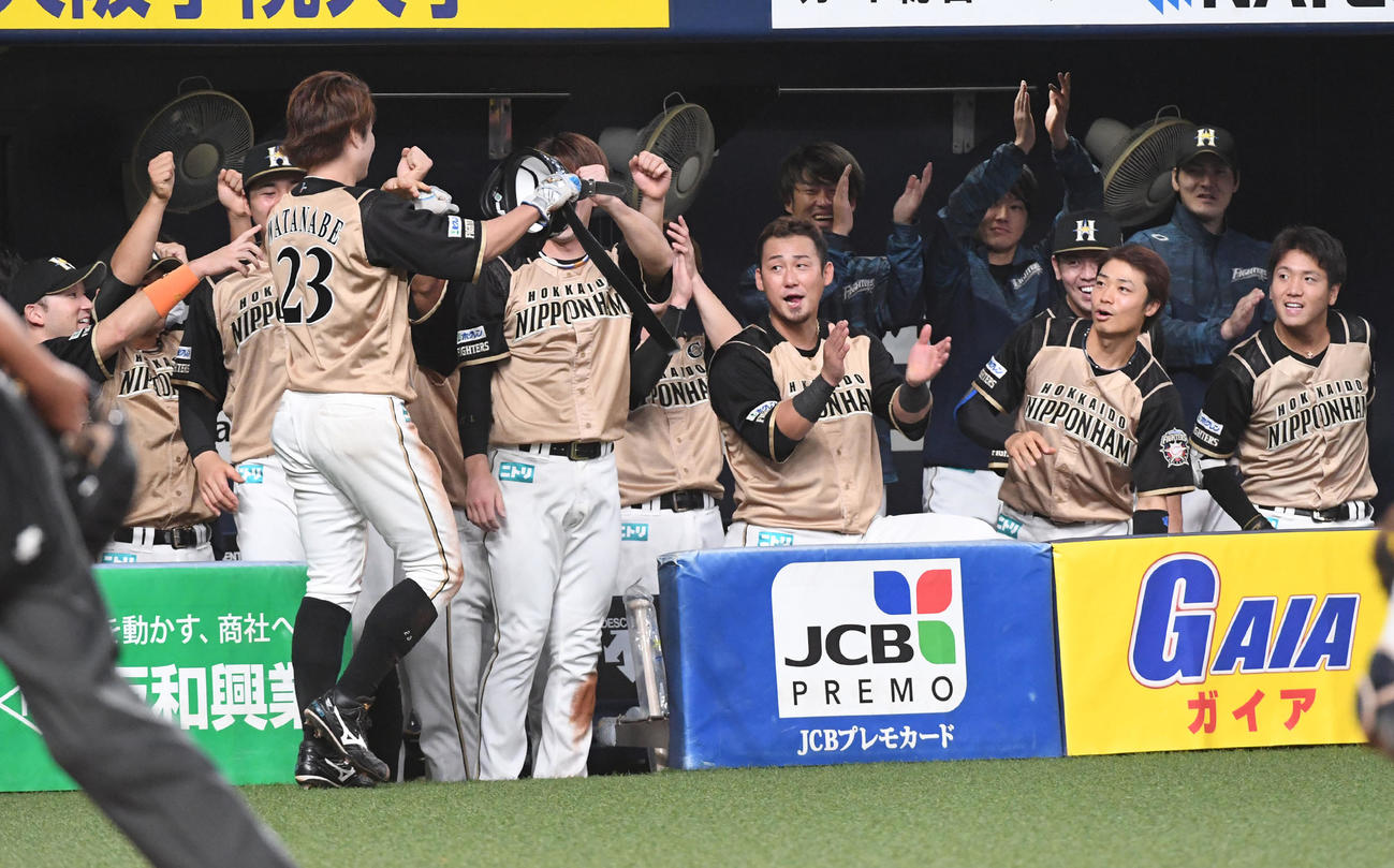オリックス対日本ハム　10回表日本ハム2死一塁、大田の右適時三塁打で生還した渡辺（左）を迎える日本ハムナイン（撮影・前岡正明）