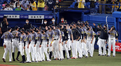 ヤクルト対阪神　試合後、喜びを分かち合う阪神の選手たち（撮影・狩俣裕三）