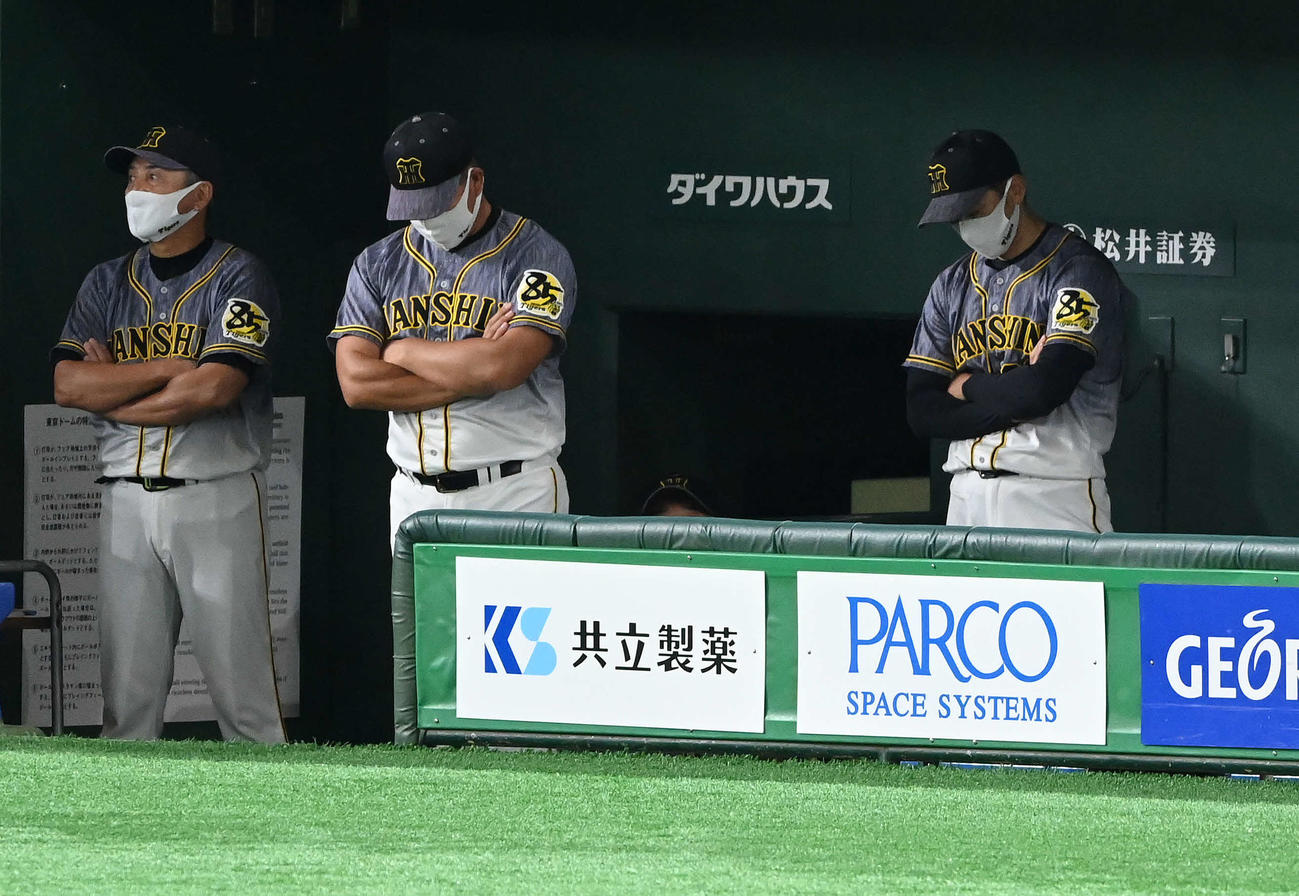 巨人対阪神　9回表、ベンチでうつむく阪神矢野監督（右）（2020年9月15日撮影）