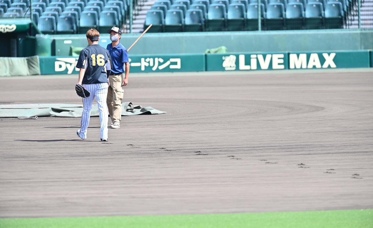 マウンドに向かい阪神園芸の職員と話す西勇輝（撮影・上田博志）