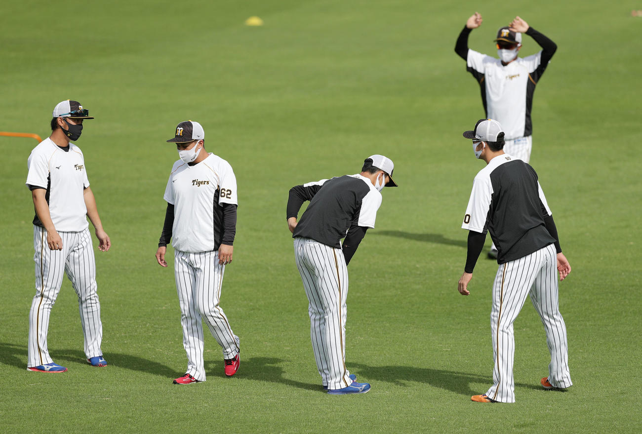 阪神対中日　マスクを着けてウオーミングアップを行う阪神ナイン（撮影・前田充）