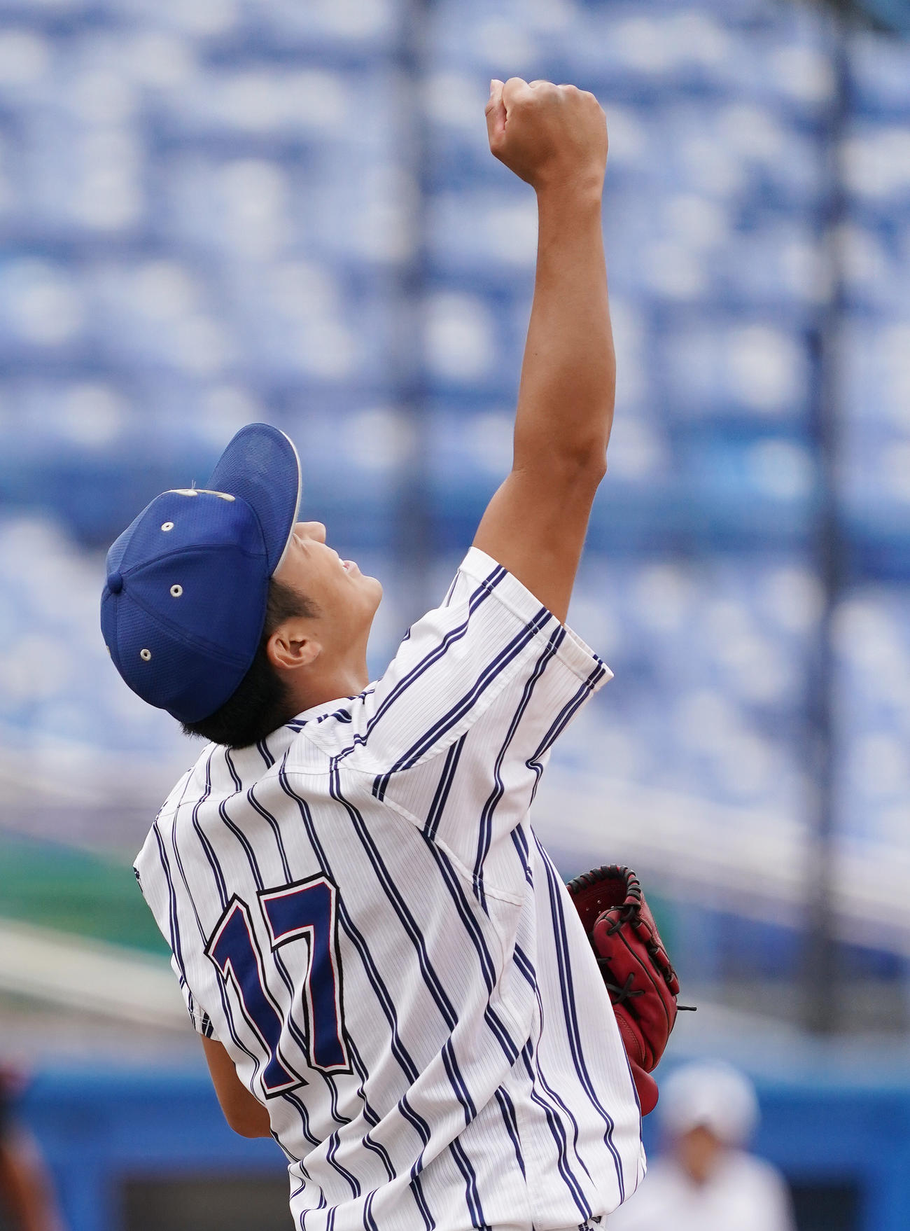 中大戦に先発し、完投勝利を挙げた立正大・糸川は、拳を突き上げる（撮影・菅敏）