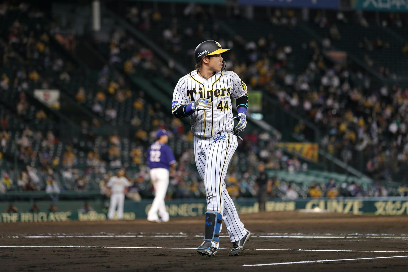 阪神対中日　6回裏阪神1死、代打で登場し右飛に倒れる梅野（撮影・前田充）