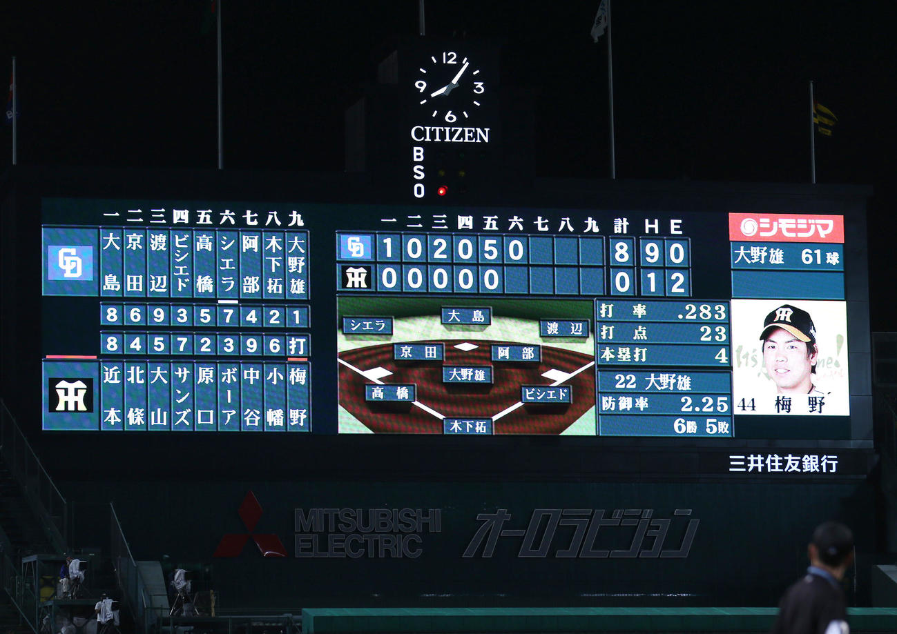 阪神対中日　6回裏阪神1死、代打梅野がコールされる（撮影・上山淳一）