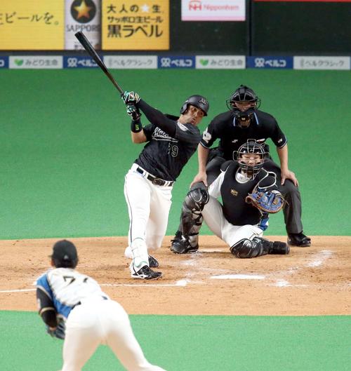日本ハム対ロッテ　4回表ロッテ無死、マーティンは二塁打を放つ。投手は日本ハム杉浦（撮影・佐藤翔太）