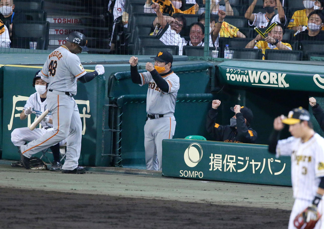 阪神対巨人　8回表巨人無死、ウィーラーは左越え本塁打を放ち元木ヘッドコーチ（中央）、原監督らの出迎えを受ける（撮影・上山淳一）