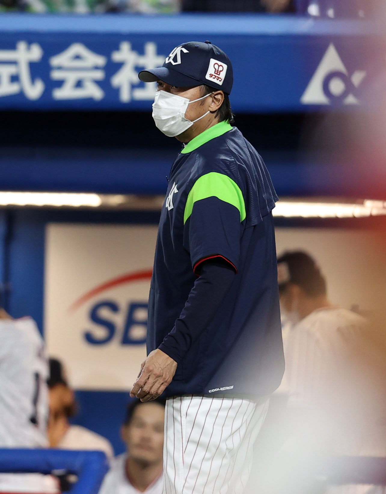 ヤクルト対広島　5回裏を終え、選手の交代を告げる高津監督（撮影・狩俣裕三）