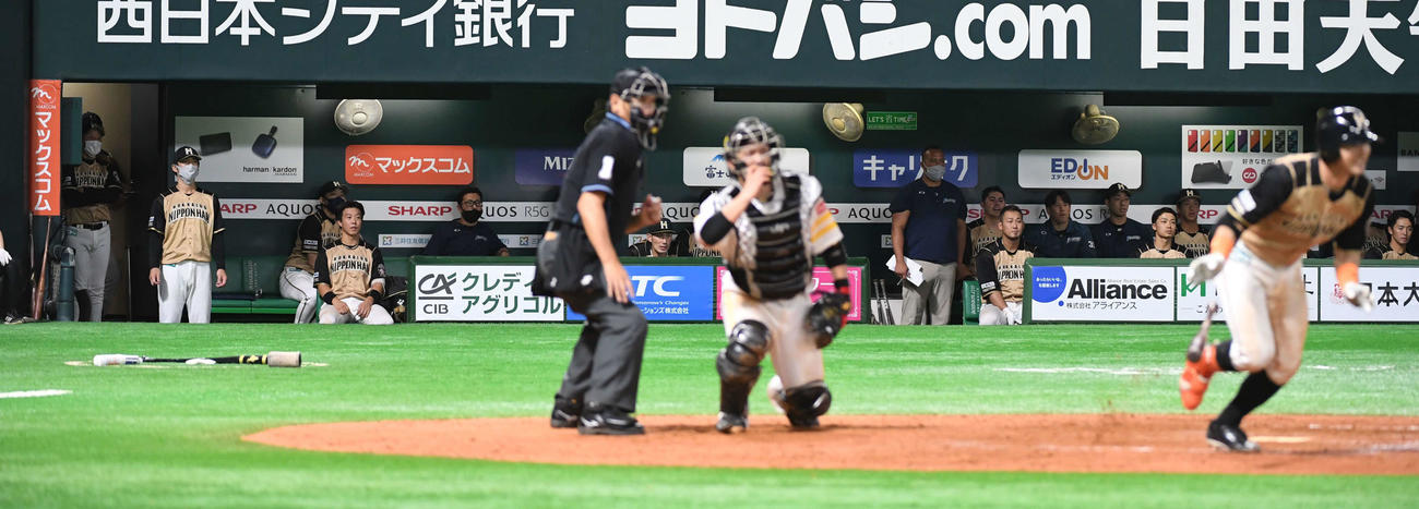 ソフトバンク対日本ハム　9回表日本ハム2死二塁、杉谷が一塁ゴロに倒れ試合終了、ベンチ左奥でガックリする栗山監督（撮影・今浪浩三）