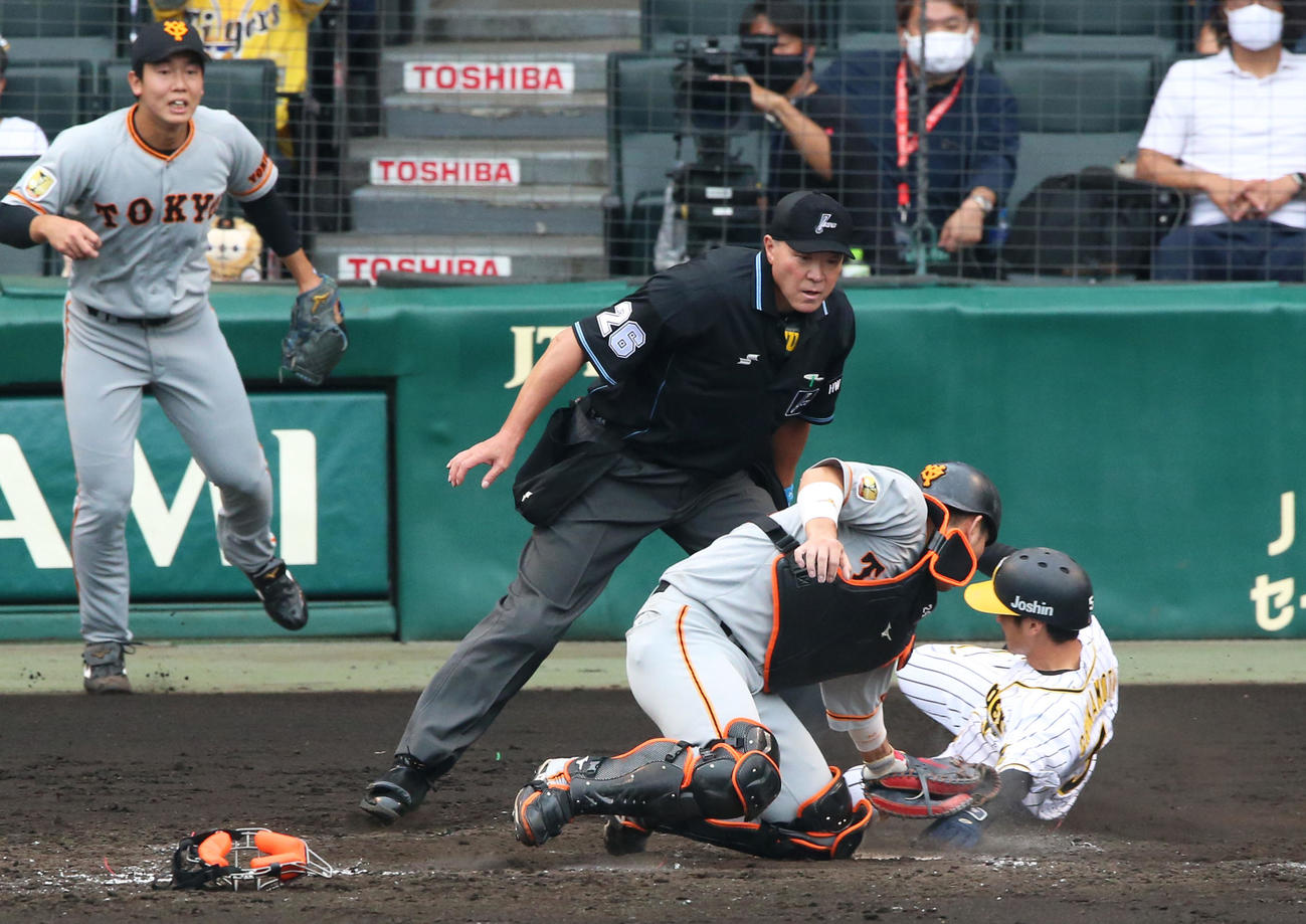 阪神対巨人　5回裏阪神2死一塁、北條の左二塁打で一走近本（右）がホームを狙うがタッチアウト（撮影・上山淳一）