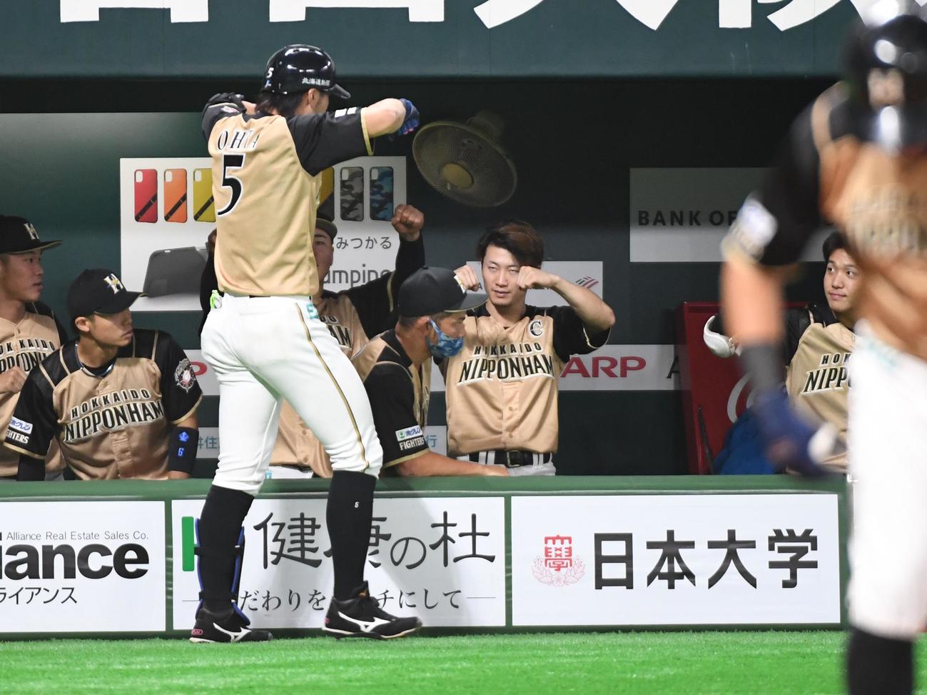 ソフトバンク対日本ハム　2回表日本ハム2死、大田は左越えにソロ本塁打を放ちナインに迎えられる（撮影・今浪浩三）